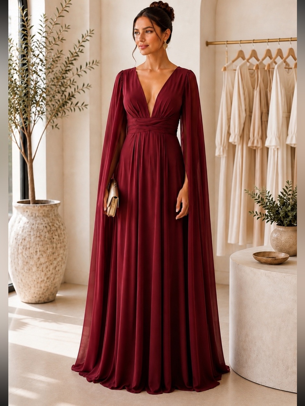 Burgundy Cape Sleeve Evening Gown | Size 6 | Excellent Condition